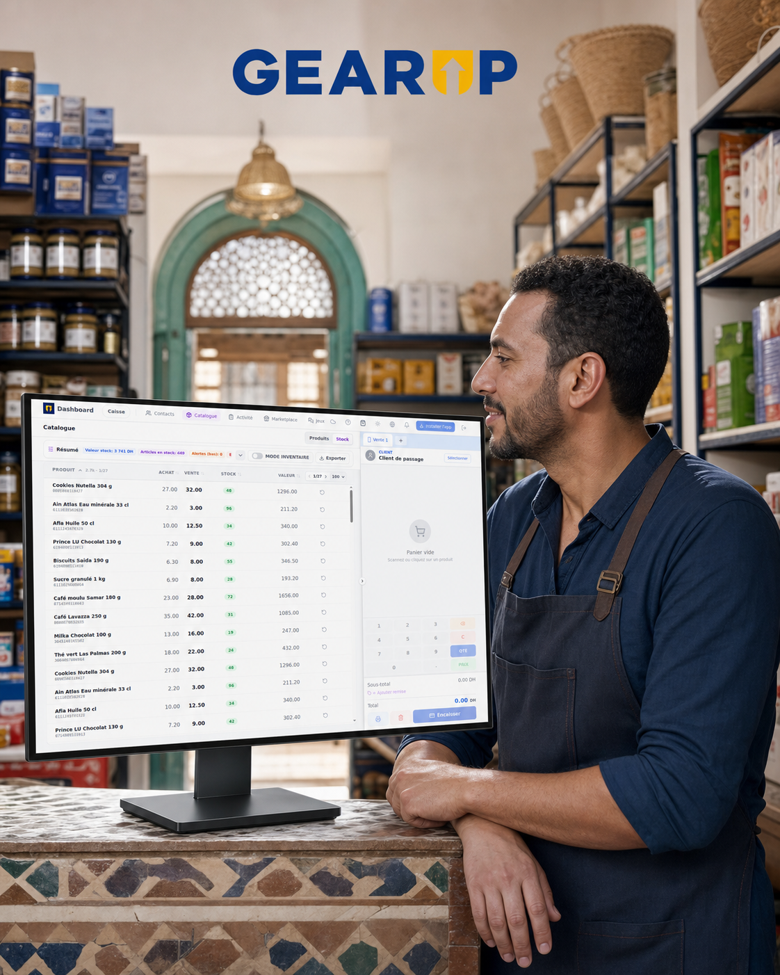 Écran GearUp affichant les produits et les quantités en stock dans un commerce